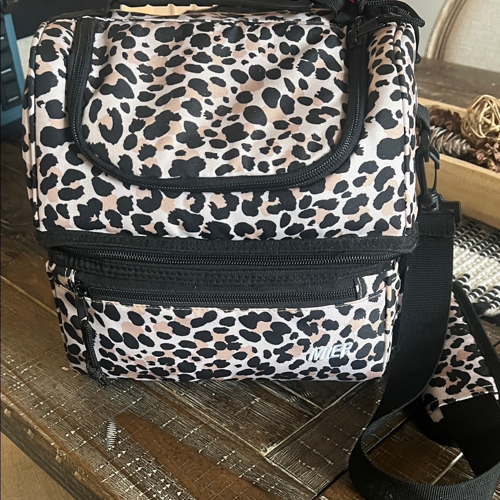 Leopard Print Compact Crossbody Large Lunch Bag - Tank/Black
